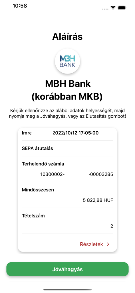 ViCA - Transaction signing screen in the ViCA app for MBH Bank showing transfer details and an approval button.