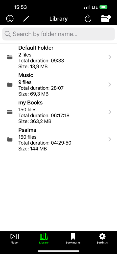 Player for Audiobooks & Music - Pantalla de biblioteca que muestra carpetas de audio organizadas con recuento de archivos y tamaños de almacenamiento.