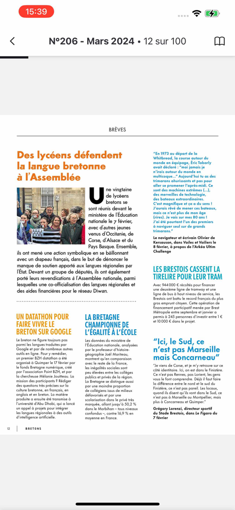 Bretons - Página de artigo digital no aplicativo da revista Bretons apresentando notícias sobre a língua bretã e a cultura regional.
