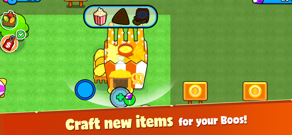 My Boo Town Pocket World Game - A colorful snack shop interface for crafting popcorn and other items in My Boo Town