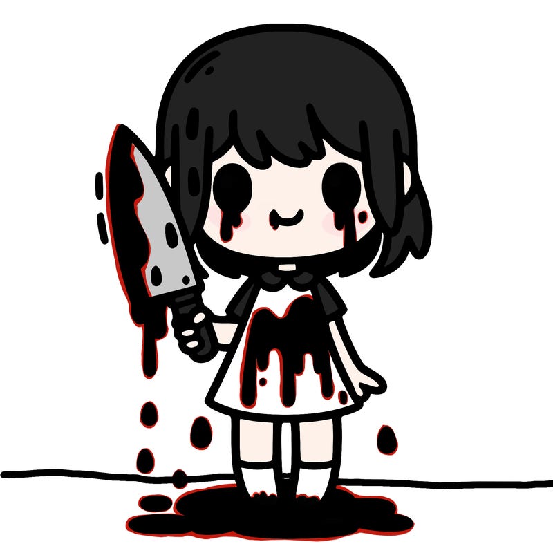 realistic girl holding a knife and covered in blood