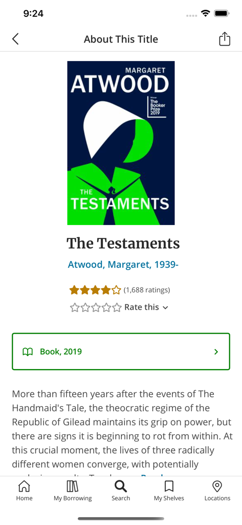 Schermata dell'app OPL Mobile che visualizza informazioni sul libro e valutazioni per The Testaments di Margaret Atwood