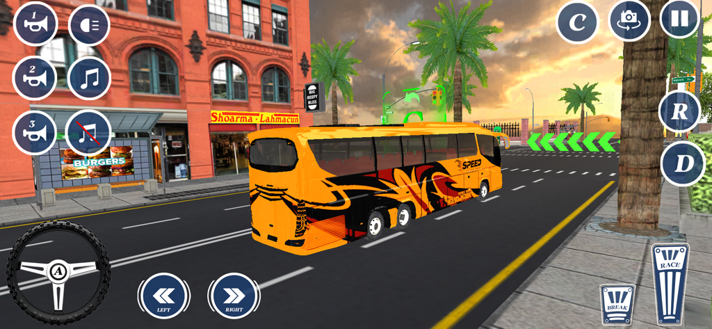 Coach Bus Simulator Bus Games - Un autocar de color amarillo y naranja conduciendo por una calle de la ciudad con controles de juego realistas en pantalla