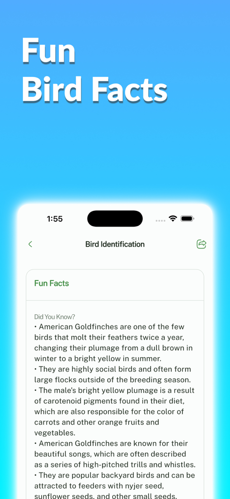 Bird identification app screenshot showing interesting facts about the American Goldfinch