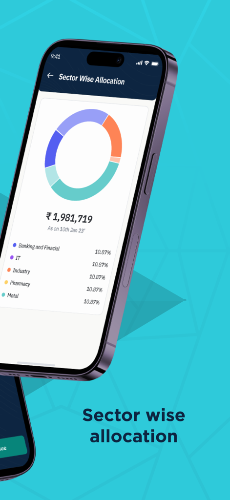 Geojit Smartfolios - Geojit Smartfolios app screen showing sector wise investment allocation with a donut chart