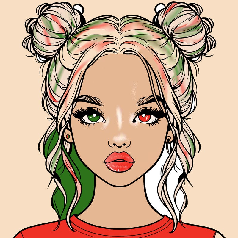 realistic girl with two buns in hair and lips