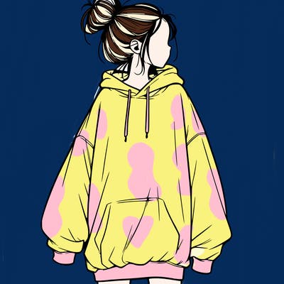 realistic girl with a oversized sweatshirt on and a bun