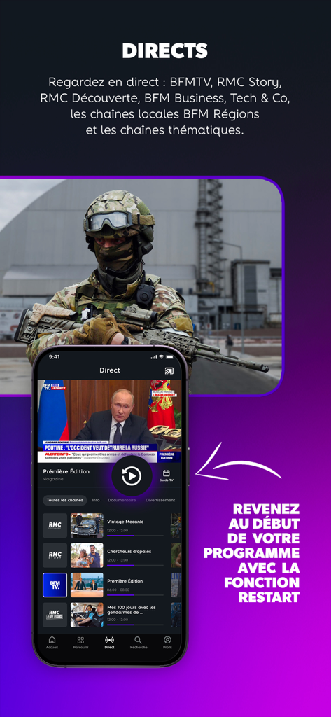 Interface de l'application RMC BFM Play montrant la diffusion TV en direct avec une fonction de redémarrage et une liste de chaînes françaises.