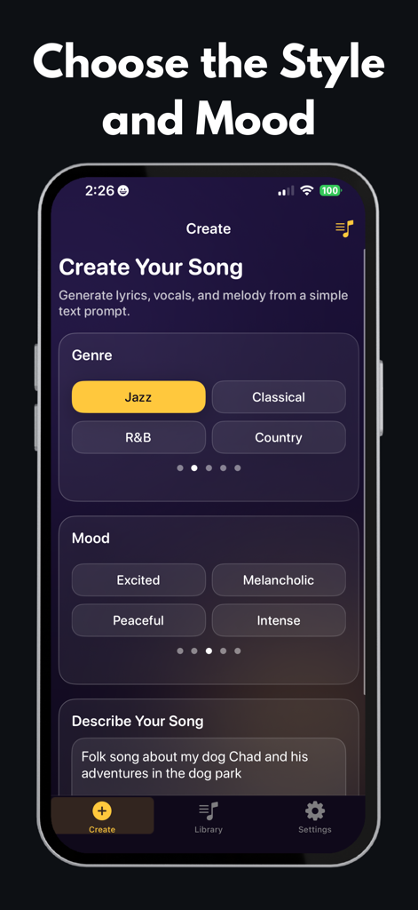 AI Song Generator & Maker - Pantalla del Generador de Canciones con IA para seleccionar el género musical y el estado de ánimo