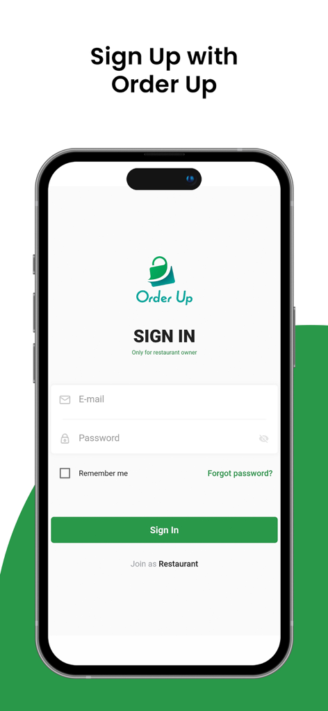 Sign in screen for restaurant owners on the Order Up Merchant app.