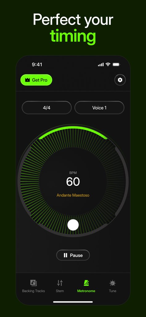 AI Backing Track Generator - Digital metronome interface in the Rhythm Studio app showing BPM and time signature controls for music practice