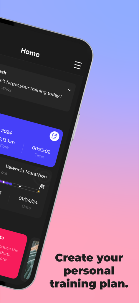 Trenara Coach - Running Plans - Trenara Coach App-Startbildschirm mit einem personalisierten Lauf-Trainingsplan und Marathon-Ziel