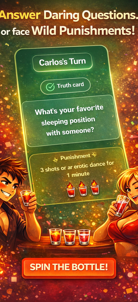 Gameplay dell'app MACAJAY che mostra una domanda di obbligo o verità e le opzioni di punizione in un contesto di festa