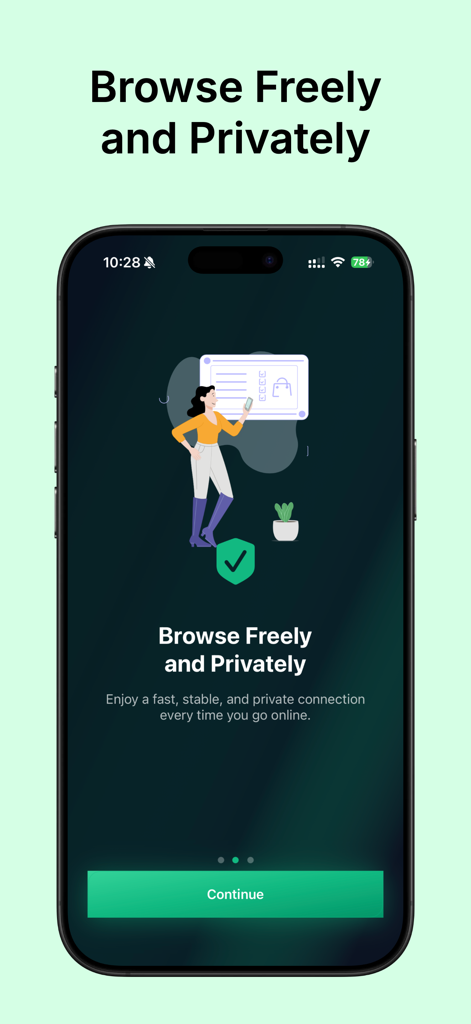 Un écran d'application mobile pour VPN Super Unlimited Proxy montrant les fonctionnalités de navigation privée.