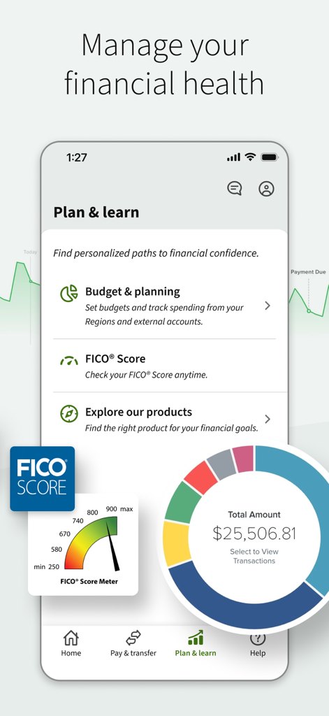 Regions Mobile - Regions Mobile app screen showing financial planning tools and FICO Score meter