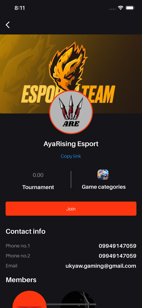 Eternity E-Sport MM - AyaRising Esport team profile screen with contact information and a join button in the Eternity E-Sport app