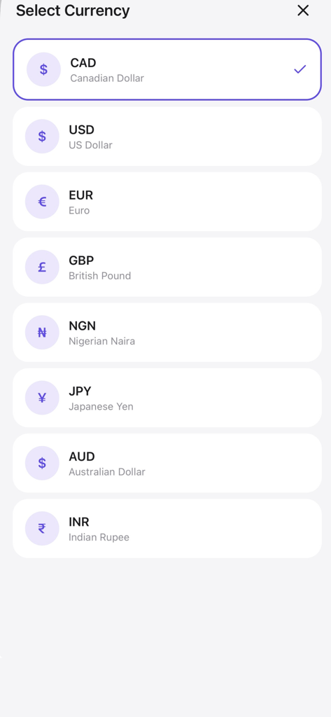 Steps Budget Tracker - Currency selection screen in Steps Budget Tracker app showing global options