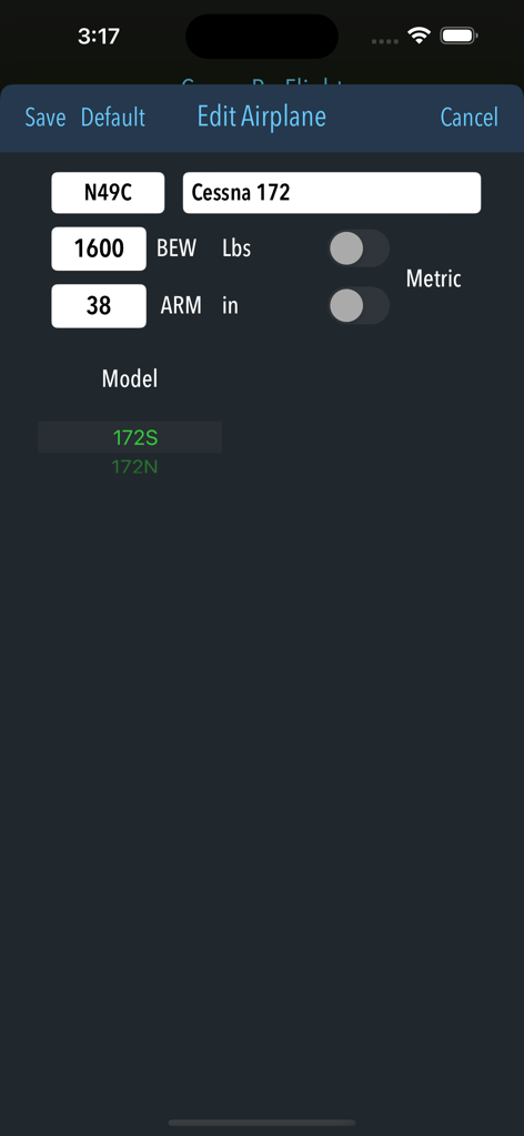 Interface for editing Cessna 172 aircraft settings and weight balance details in the CessnaProFlight app