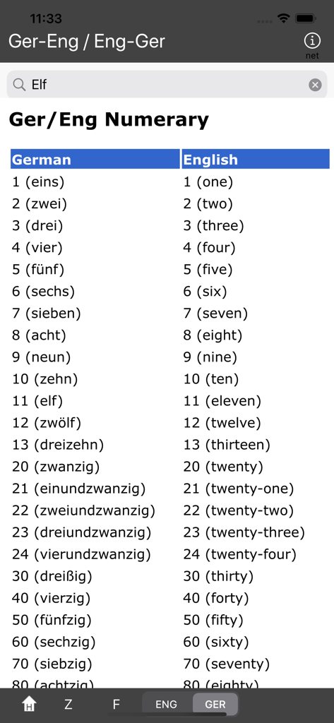 Ger/Eng - Eng/Ger - German to English numerary table showing translations for numbers in a dictionary app interface