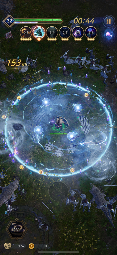 VALHALLA SURVIVAL - Valhalla Survival gameplay showing a hero character using circular magic skills to fight monsters.