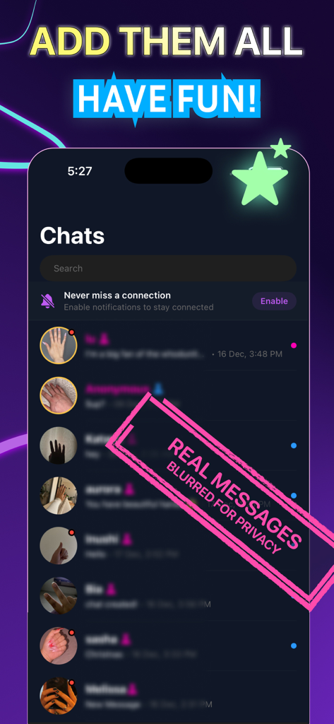 Pinky: Make New Friends - Interface of the Pinky app showing a list of chats with profile pictures of hands to protect user privacy.
