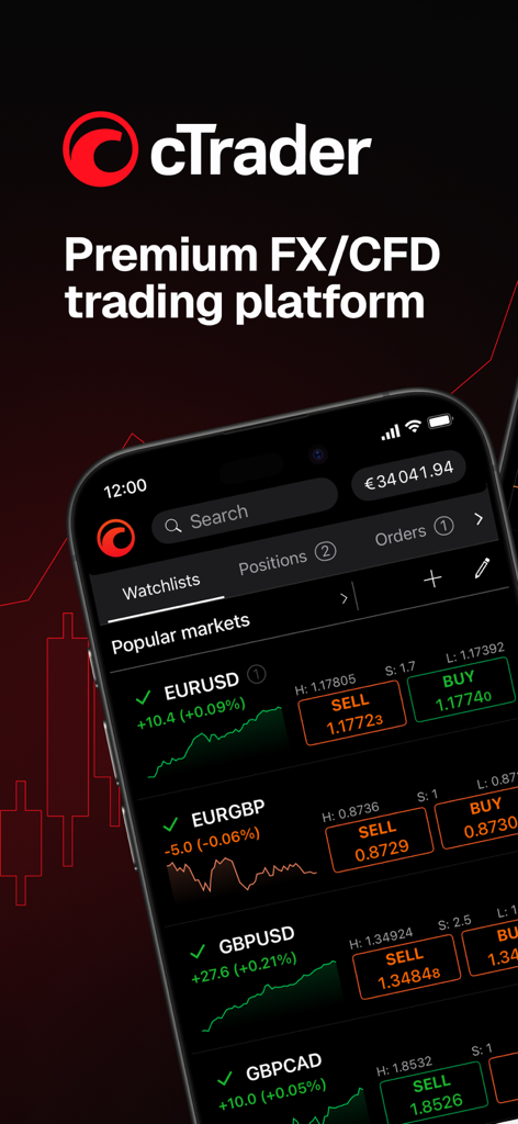 cTrader mobile app interface showing forex currency pairs and watchlists on a dark theme