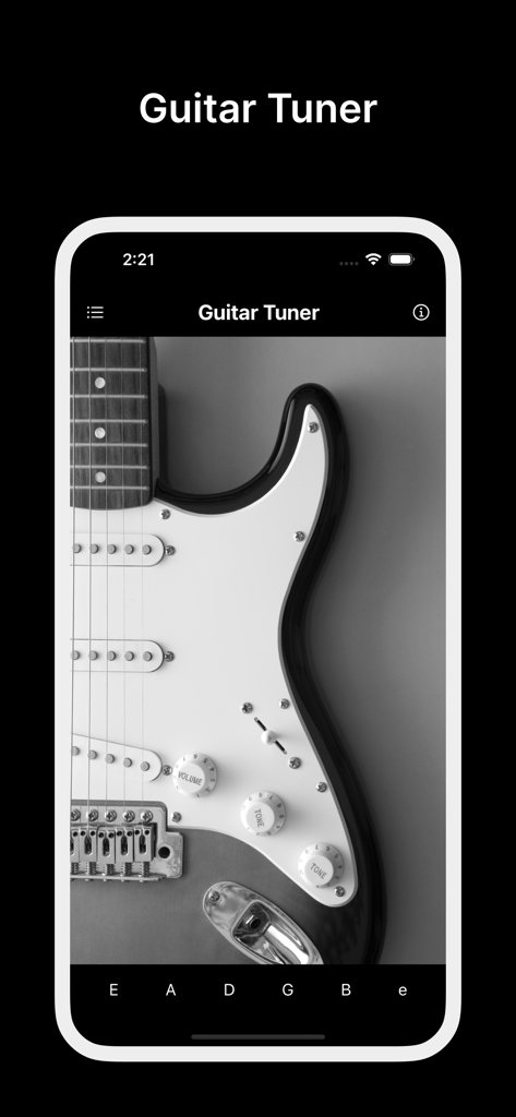 Interface de l'application Accordeur de Guitare montrant une guitare électrique monochrome et des boutons pour les notes de référence d'accordage standard