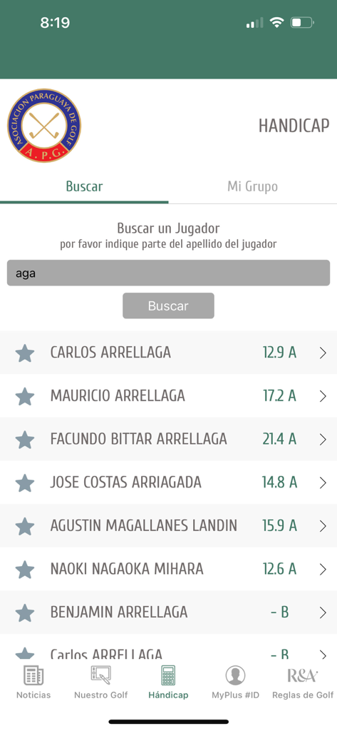 Parana Country Club - ゴルファーのハンディキャップを検索するモバイルアプリの画面。名前とレーティングのリストが表示されています。