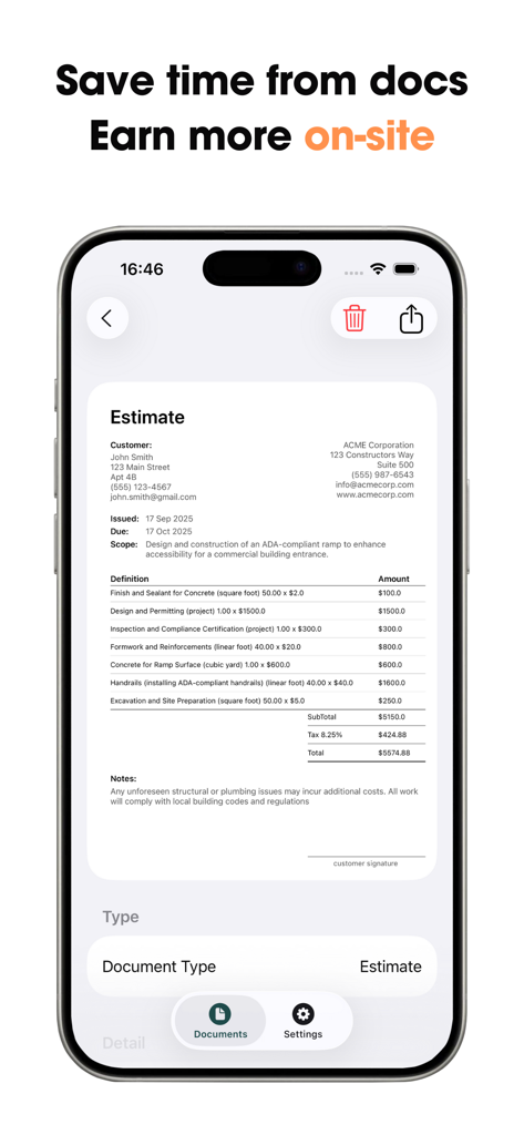 AI Cost Estimates 4 Contractor - 스마트폰 화면에 표시되는 전문 건설 견적 문서