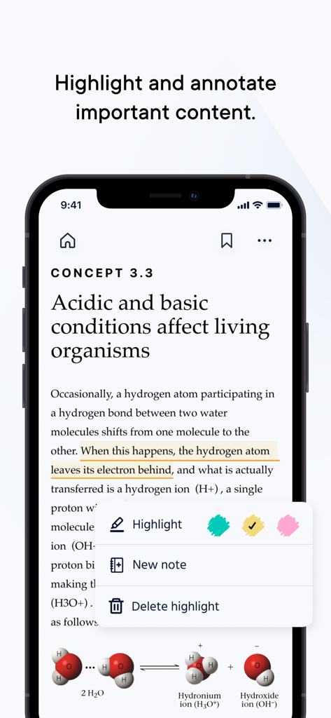 Smartphone screen of Reader plus app showing highlighting and annotation tools on a science textbook page