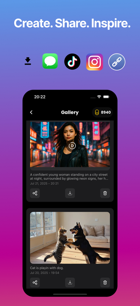 Livensa - AI Picture to Video - Interface of Livensa app showing a gallery of AI-generated videos with social media sharing icons for TikTok and Instagram