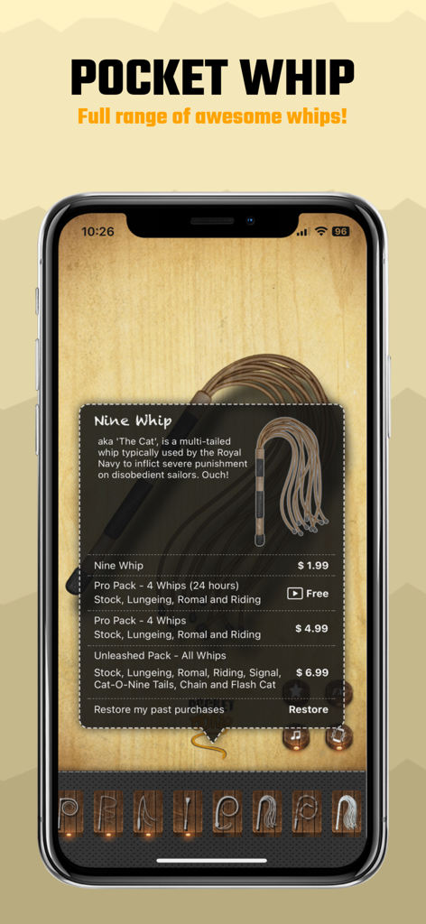 Pocket Whip app interface showing the Nine Whip description and in-app purchase options for different whip sound effects.