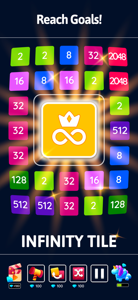 Pantalla del juego de puzzle 2048 Blast mostrando coloridas fichas numeradas y una ficha dorada central de infinito.