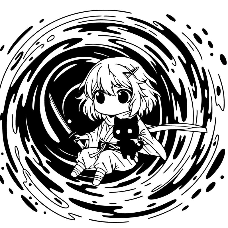 anime girl living in a black hole with a katana with a black little dragon