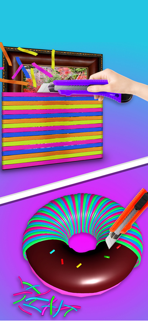 A hand using a utility knife to slice through colorful strips and a toy on a donut in a satisfying stress relief game