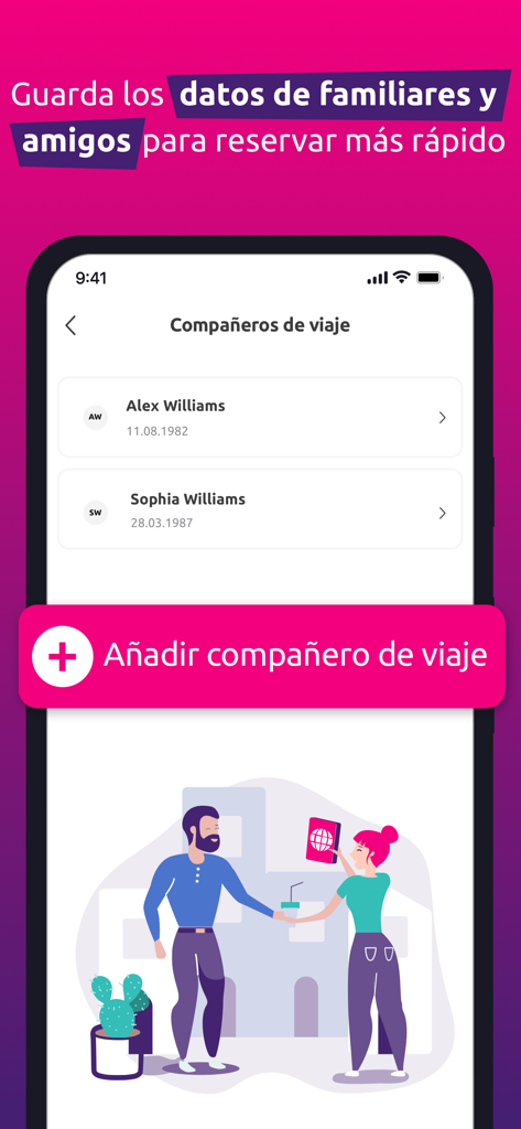 Rumbo app interface showing a list of saved travel companions and an option to add new family members or friends for faster booking