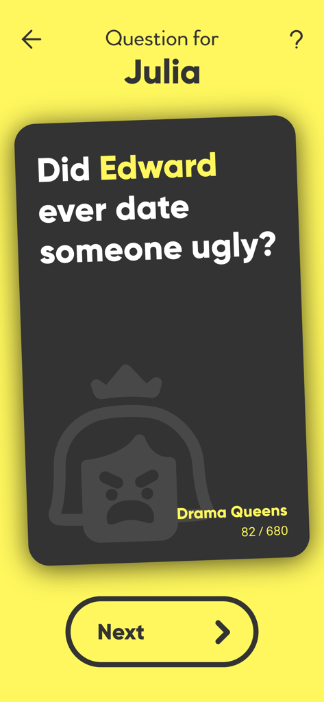 Bachelorette party game screen showing a Drama Queens category question