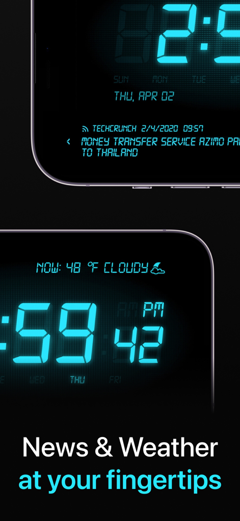 Digital alarm clock interface showing time weather and news headlines