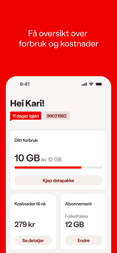 OneCall app dashboard showing data consumption and monthly costs