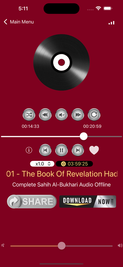 Audio player interface of the Sahih Bukhari English app featuring playback controls and book of revelation track