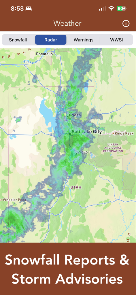UDOT Road Conditions - A weather radar map showing precipitation over the Salt Lake City region in the UDOT Road Conditions mobile app.
