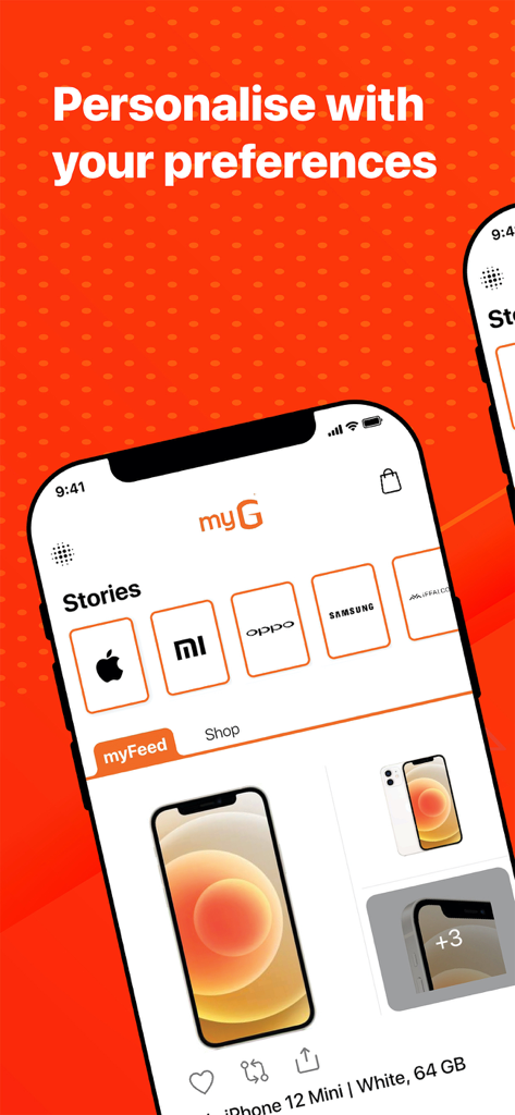 myG Online - myG Online app interface showing brand stories and a personalized product feed for electronics
