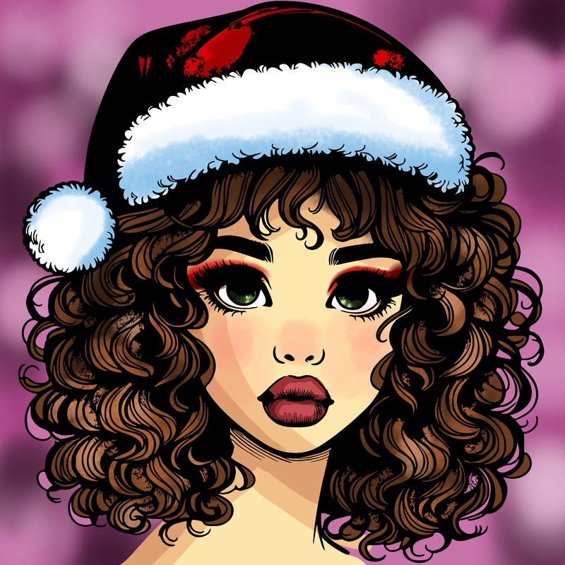 realistic girl with a santa hat curly hair and lips