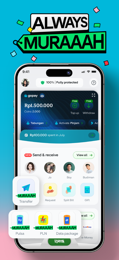 GoPay: Transfer, Payment, QRIS - Interfaccia dell'app GoPay che mostra il saldo del conto e i servizi finanziari come trasferimenti e pagamenti di bollette