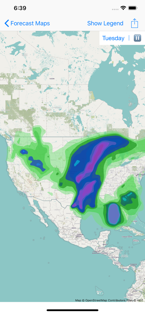 Weather forecast map of North America showing storm activity in the Global Storms app