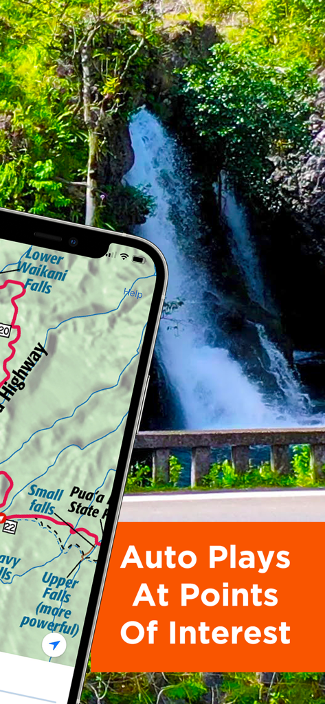 Maui Revealed app map showing points of interest next to a tropical waterfall with auto-play audio tour text