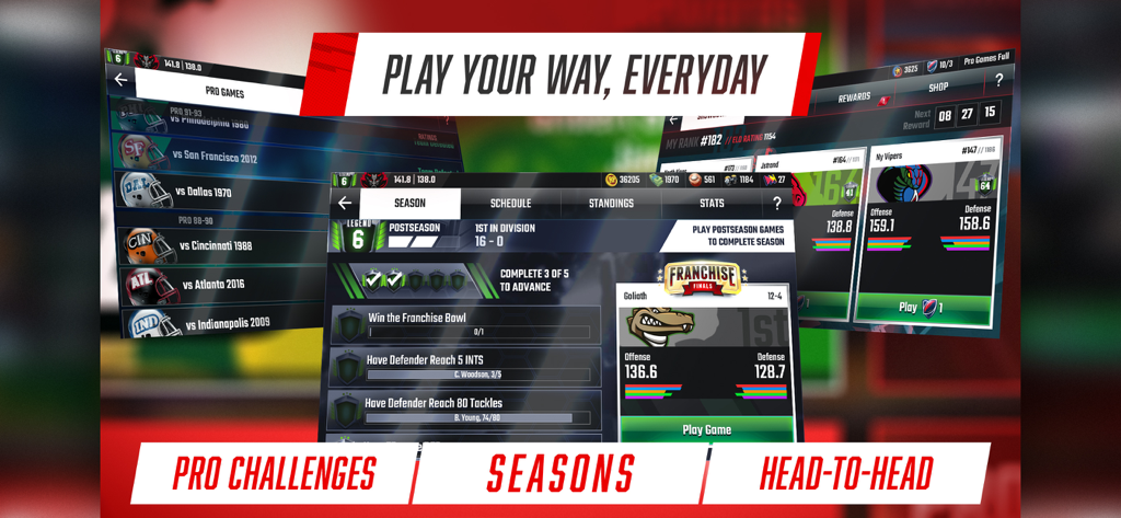 Gameplay screenshots of Franchise Football Pro GM showcasing seasons, pro challenges, and head-to-head modes