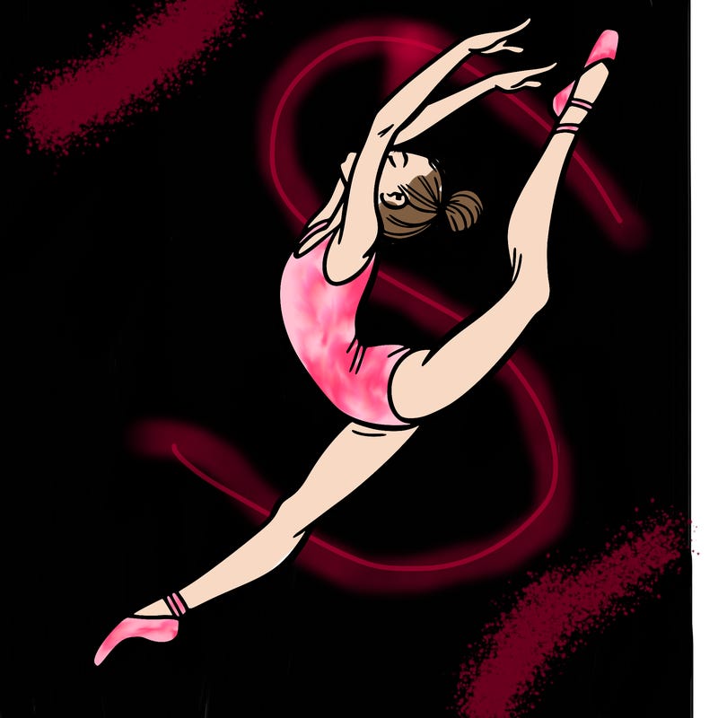 gymnast doing a leap in a leotard with a bent back leg