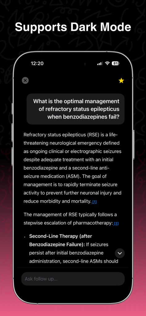 ProofMD - ProofMD medical app interface in dark mode showing a clinical query and response with citations