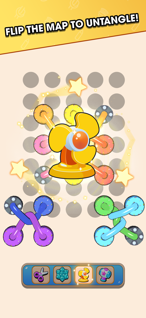 Tangle Rope: Twisted Master - Pantalla de juego de Tangle Rope Twisted Master mostrando un potenciador de ventilador y cuerdas anudadas en una cuadrícula